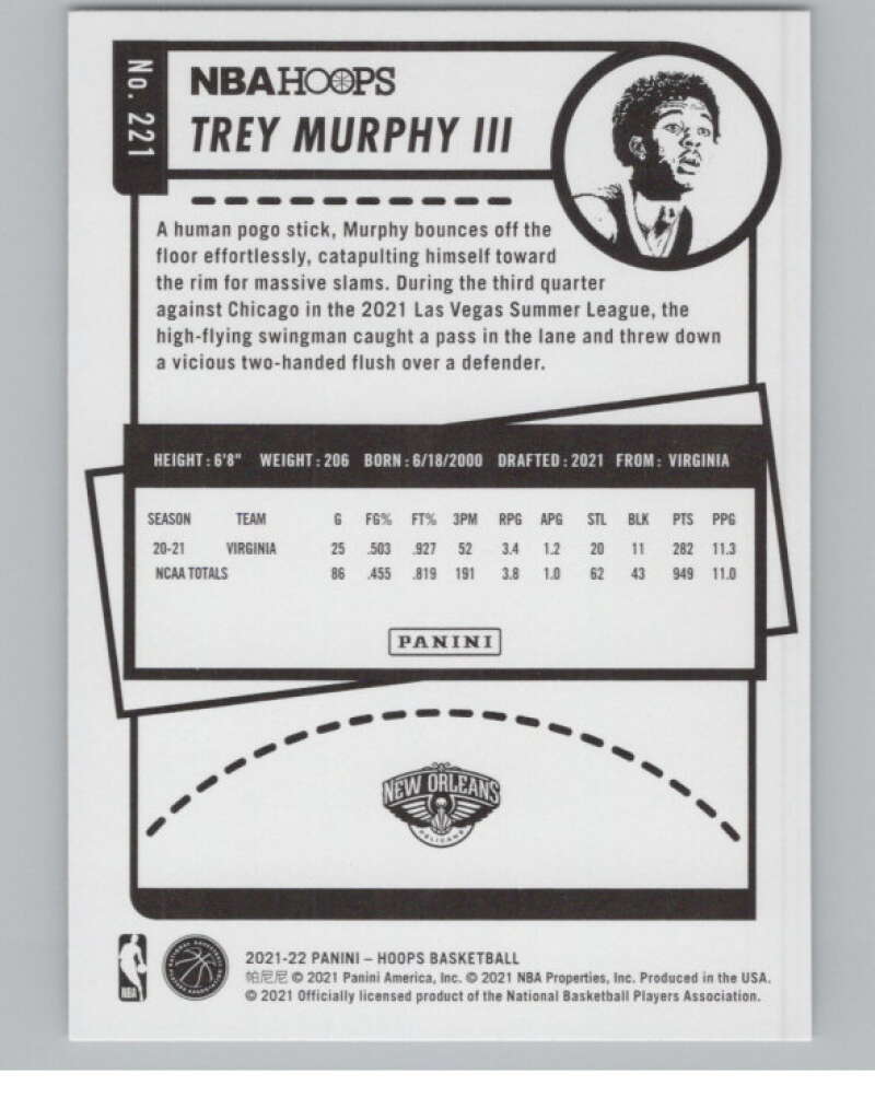2021-22 Panini Hoops #221 Trey Murphy III RC Rookie Pelicans V101682 Image 2