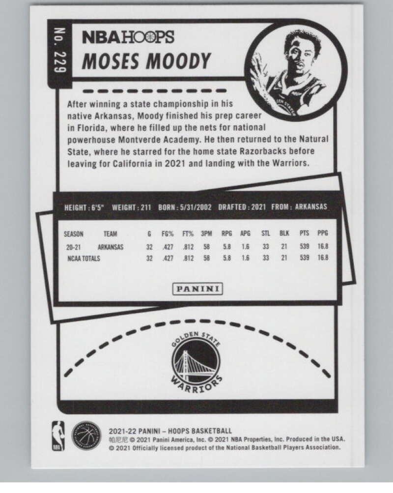 2021-22 Panini Hoops #229 Moses Moody RC Rookie Warriors V101685 Image 2