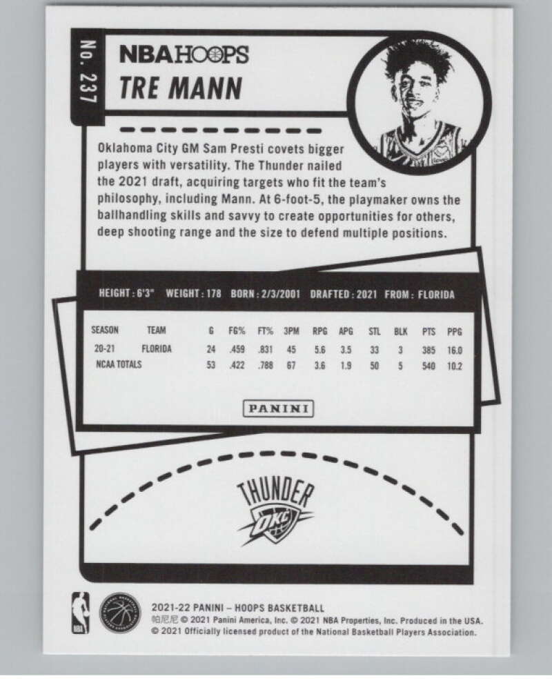 2021-22 Panini Hoops #237 Tre Mann RC Rookie Oklahoma City Thunder V101688 Image 2