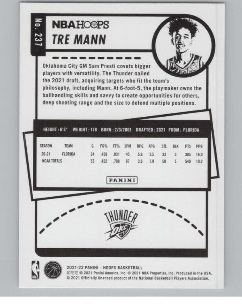 2021-22 Panini Hoops #237 Tre Mann RC Rookie Oklahoma City Thunder V101689 Image 2