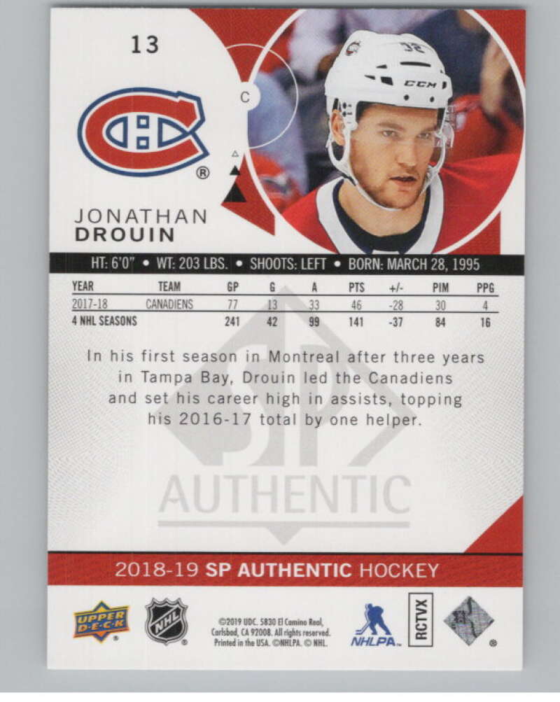 2018-19 SP Authentic Limited Red #13 Jonathan Drouin V102374 Image 2