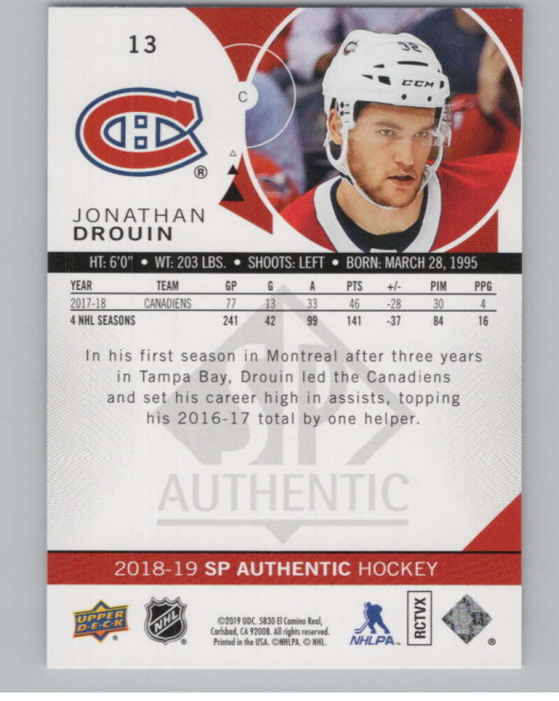 2018-19 SP Authentic Limited Red #13 Jonathan Drouin V102377 Image 2