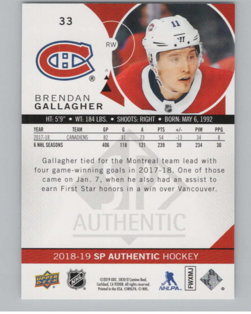 2018-19 SP Authentic Limited Red #33 Brendan Gallagher V102387 Image 2