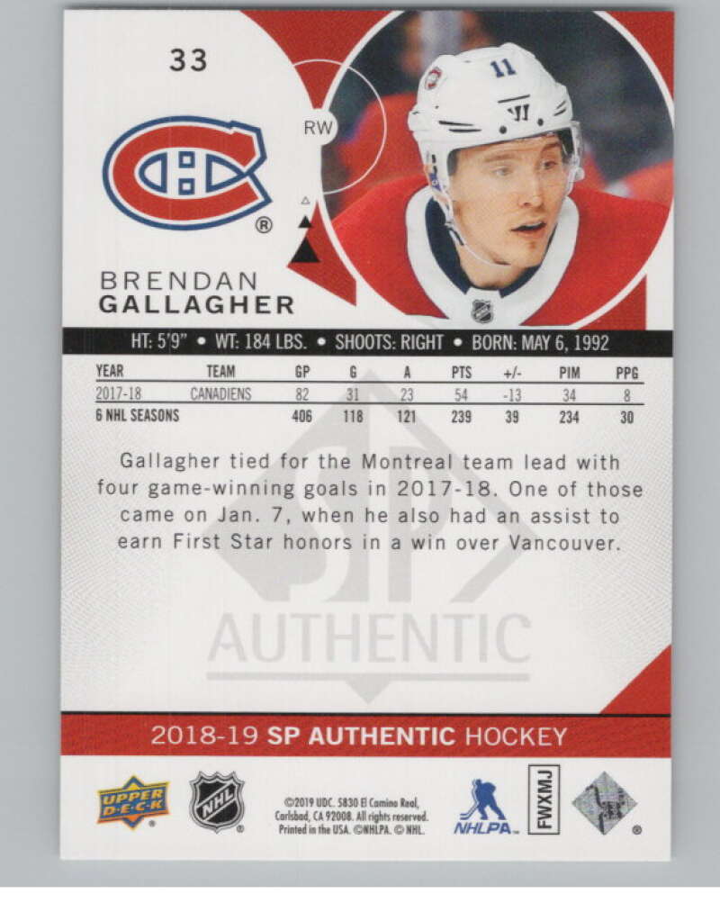 2018-19 SP Authentic Limited Red #33 Brendan Gallagher V102388 Image 2