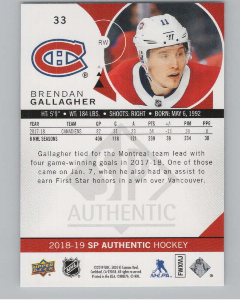2018-19 SP Authentic Limited Red #33 Brendan Gallagher V102389 Image 2