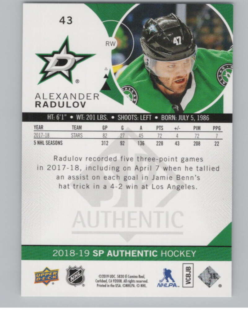 2018-19 SP Authentic Limited Red #43 Alexander Radulov V102392 Image 2