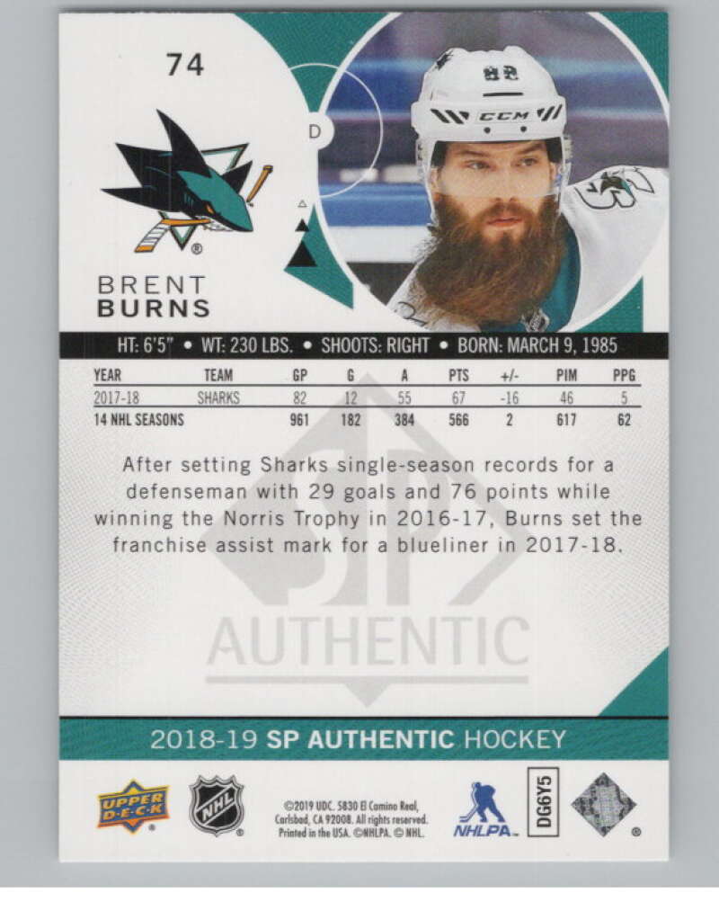 2018-19 SP Authentic Limited Red #74 Brent Burns V102405 Image 2