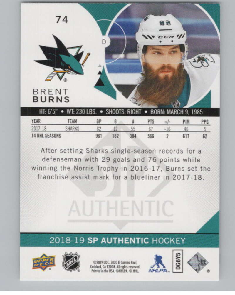 2018-19 SP Authentic Limited Red #74 Brent Burns V102407 Image 2