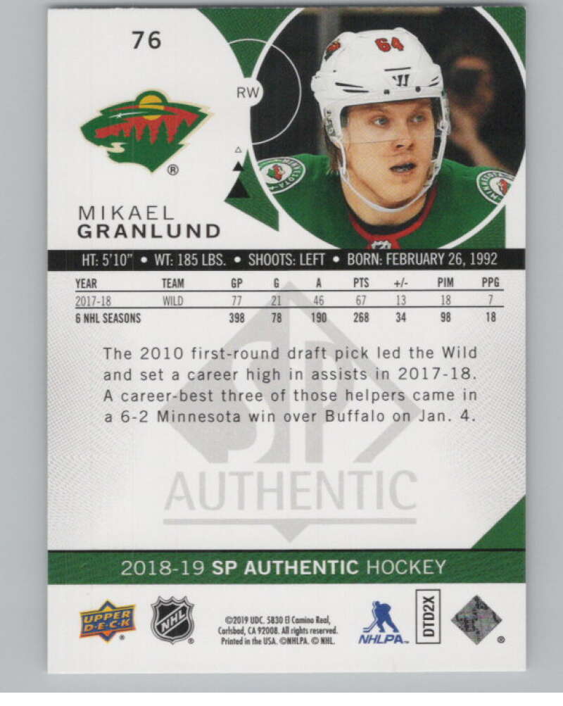 2018-19 SP Authentic Limited Red #76 Mikael Granlund V102408 Image 2