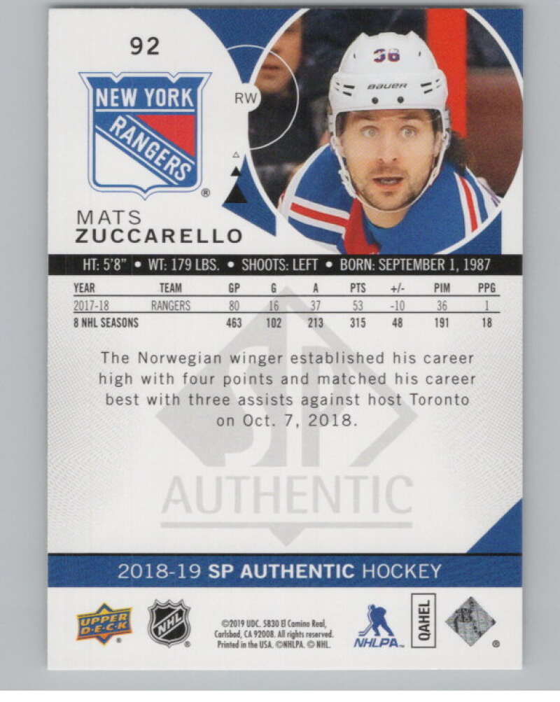 2018-19 SP Authentic Limited Red #92 Mats Zuccarello V102409 Image 2