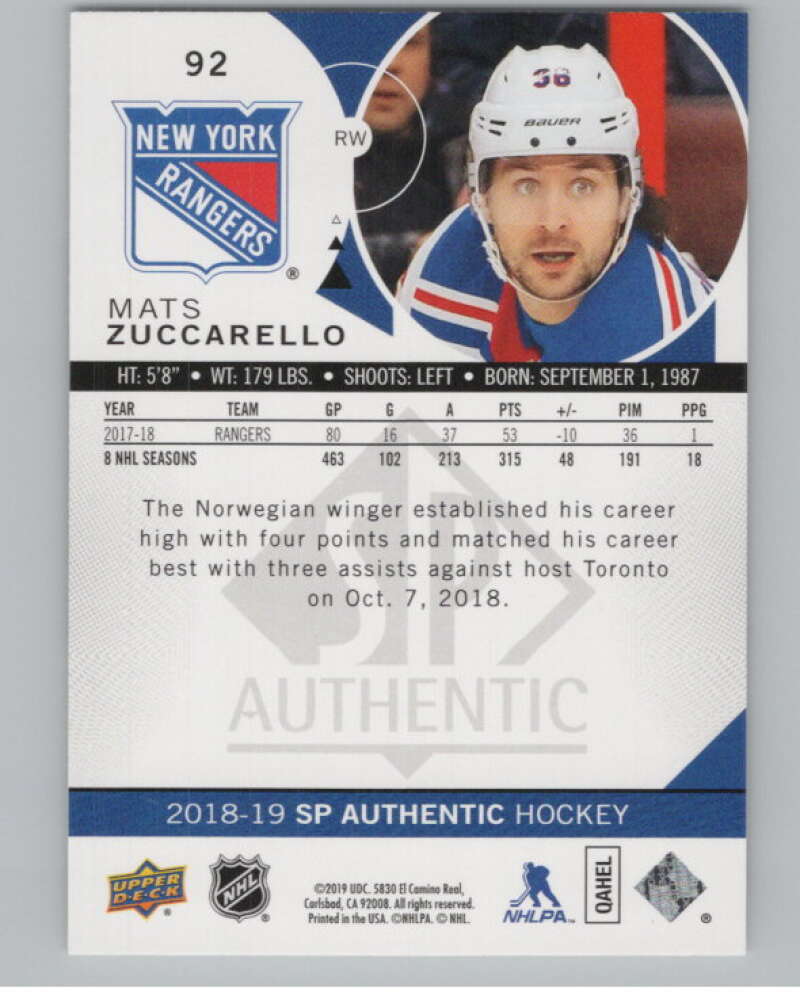 2018-19 SP Authentic Limited Red #92 Mats Zuccarello V102410 Image 2