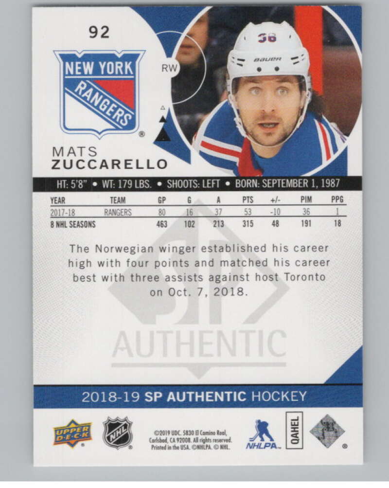 2018-19 SP Authentic Limited Red #92 Mats Zuccarello V102411 Image 2