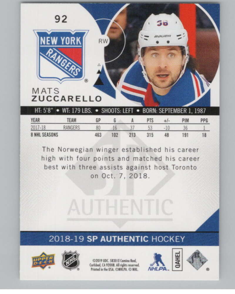 2018-19 SP Authentic Limited Red #92 Mats Zuccarello V102412 Image 2