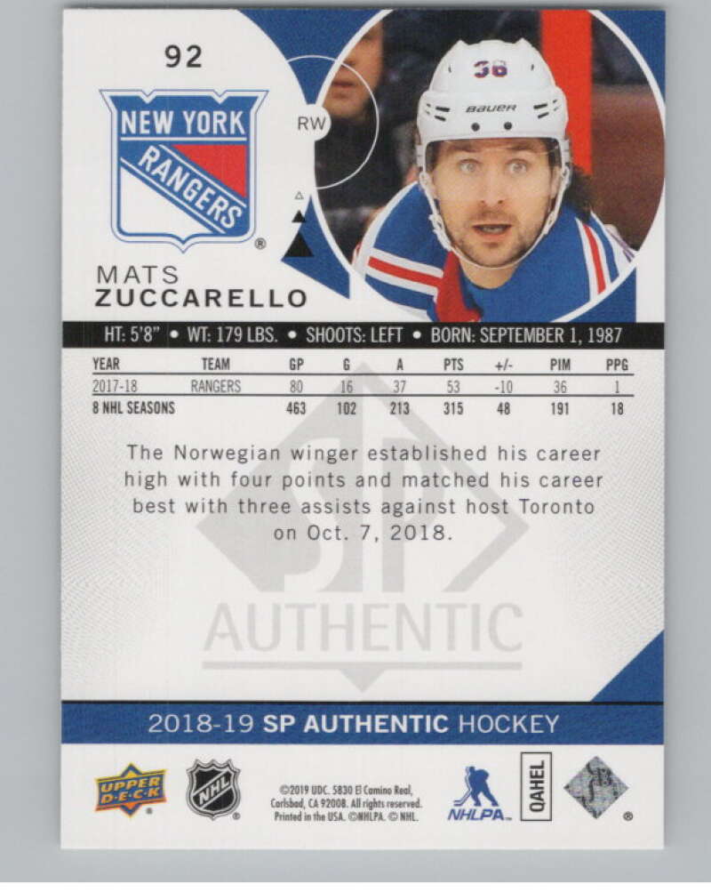 2018-19 SP Authentic Limited Red #92 Mats Zuccarello V102413 Image 2