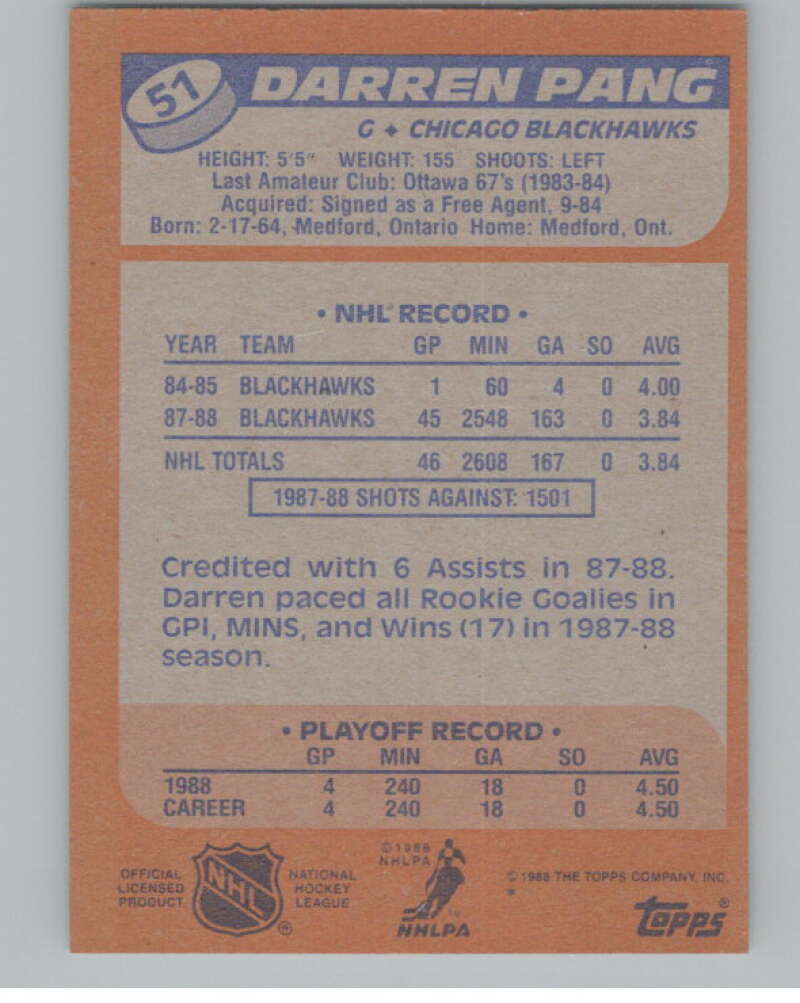 1988-89 Topps #51 Darren Pang RC Rookie V102931 Image 2