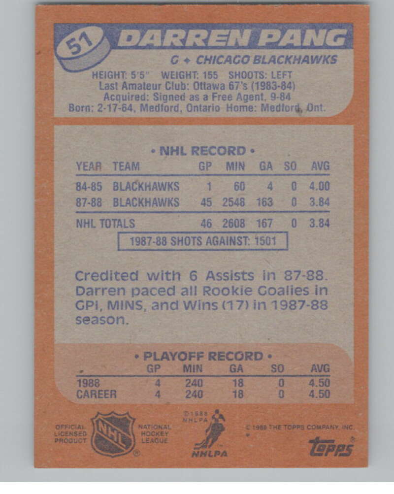 1988-89 Topps #51 Darren Pang RC Rookie V102932 Image 2
