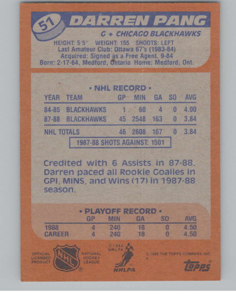 1988-89 Topps #51 Darren Pang RC Rookie V102933 Image 2
