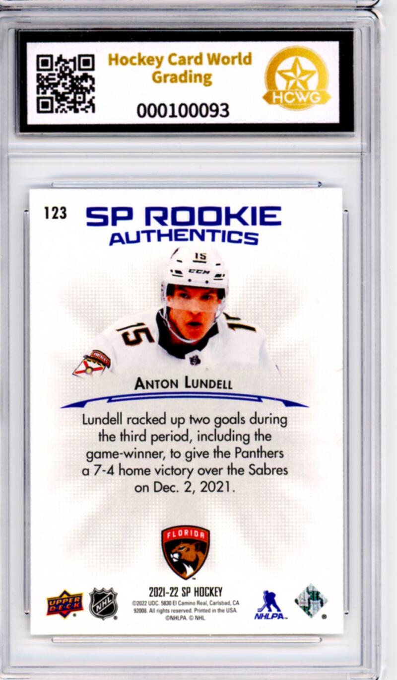 2021-22 Upper Deck SP Blue #123 Anton Lundell Rookie RC - Graded HCWG 10 Image 2