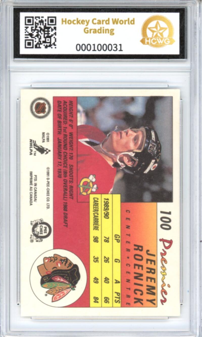 1990-91 OPC Premier #100 Jeremy Roenick Rookie RC - Graded HCWG 10 Image 2