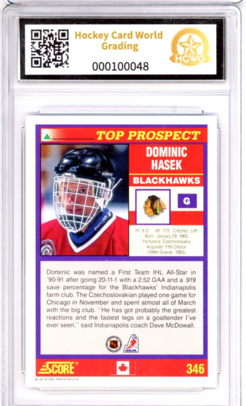 1991-92 Score Canadian English #346 Dominik Hasek Rookie RC - Graded HCWG 9 Image 2