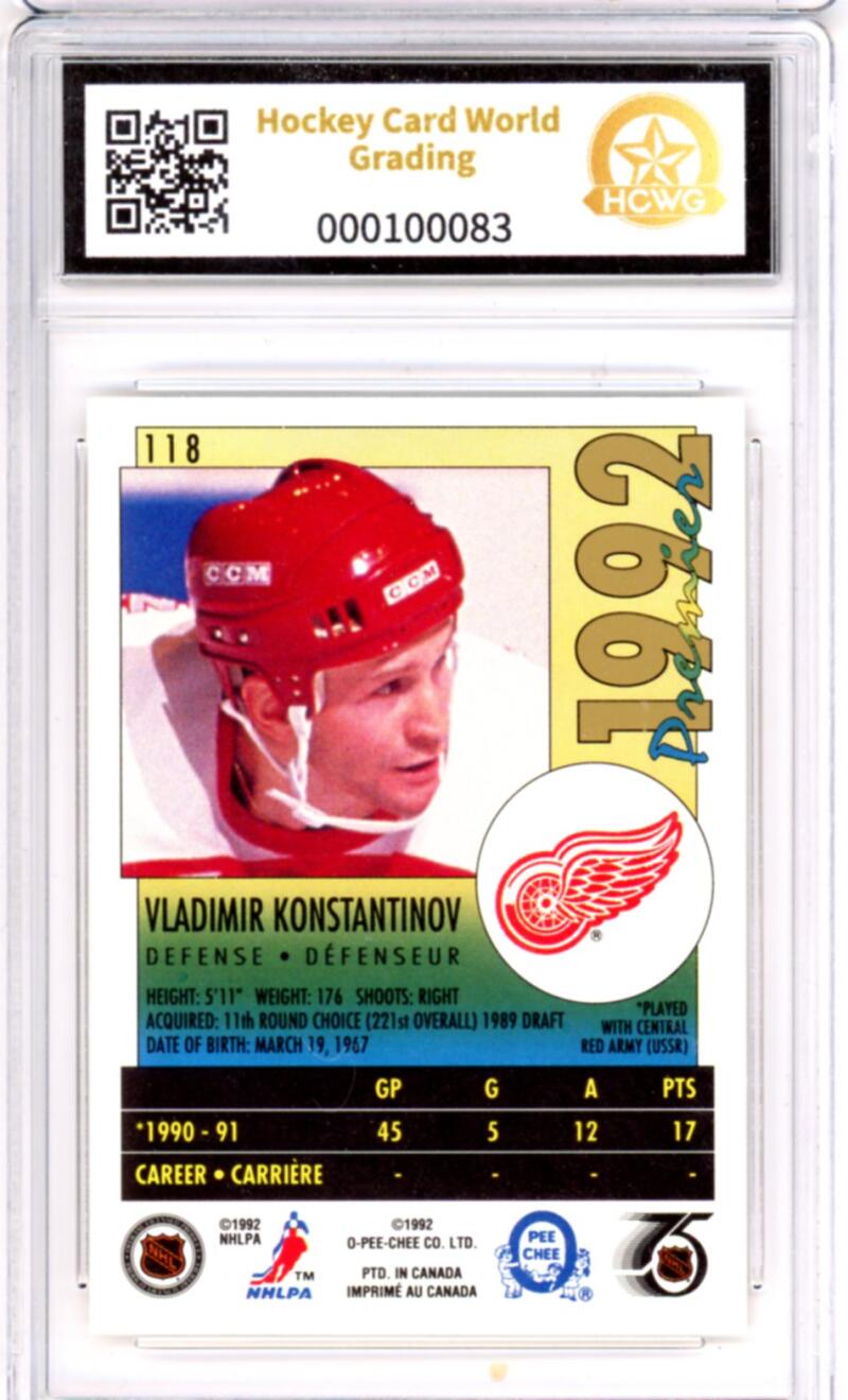 1991-92 OPC Premier #118 Vladimir Konstantinov Rookie RC - Graded HCWG 10 Image 2