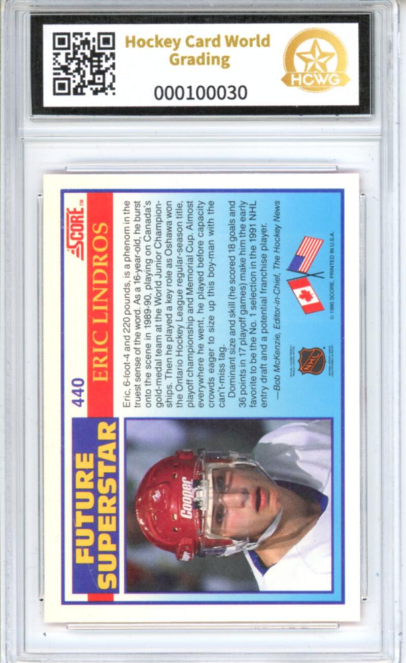 1990-91 Score #440 Eric Lindros Rookie RC - Graded HCWG 8 Image 2