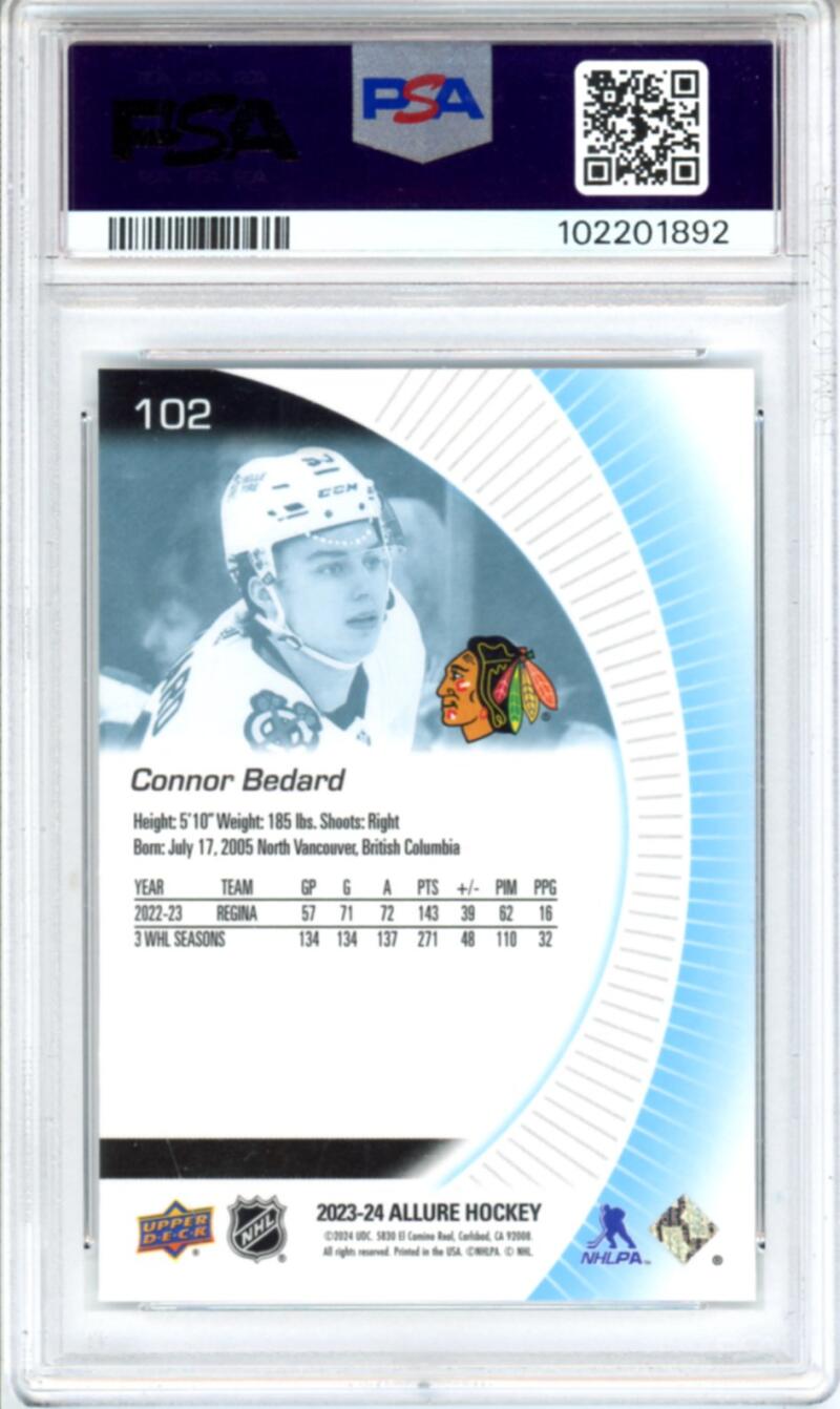 2023-24 Upper Deck Allure #102 Connor Bedard RC Rookie Hockey - PSA 10 Image 2