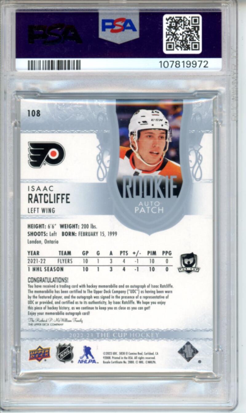2022-23 The Cup #108 Isaac Ratcliffe Patch Auto Rookie 30/249 RC Hockey PSA 9 Image 2