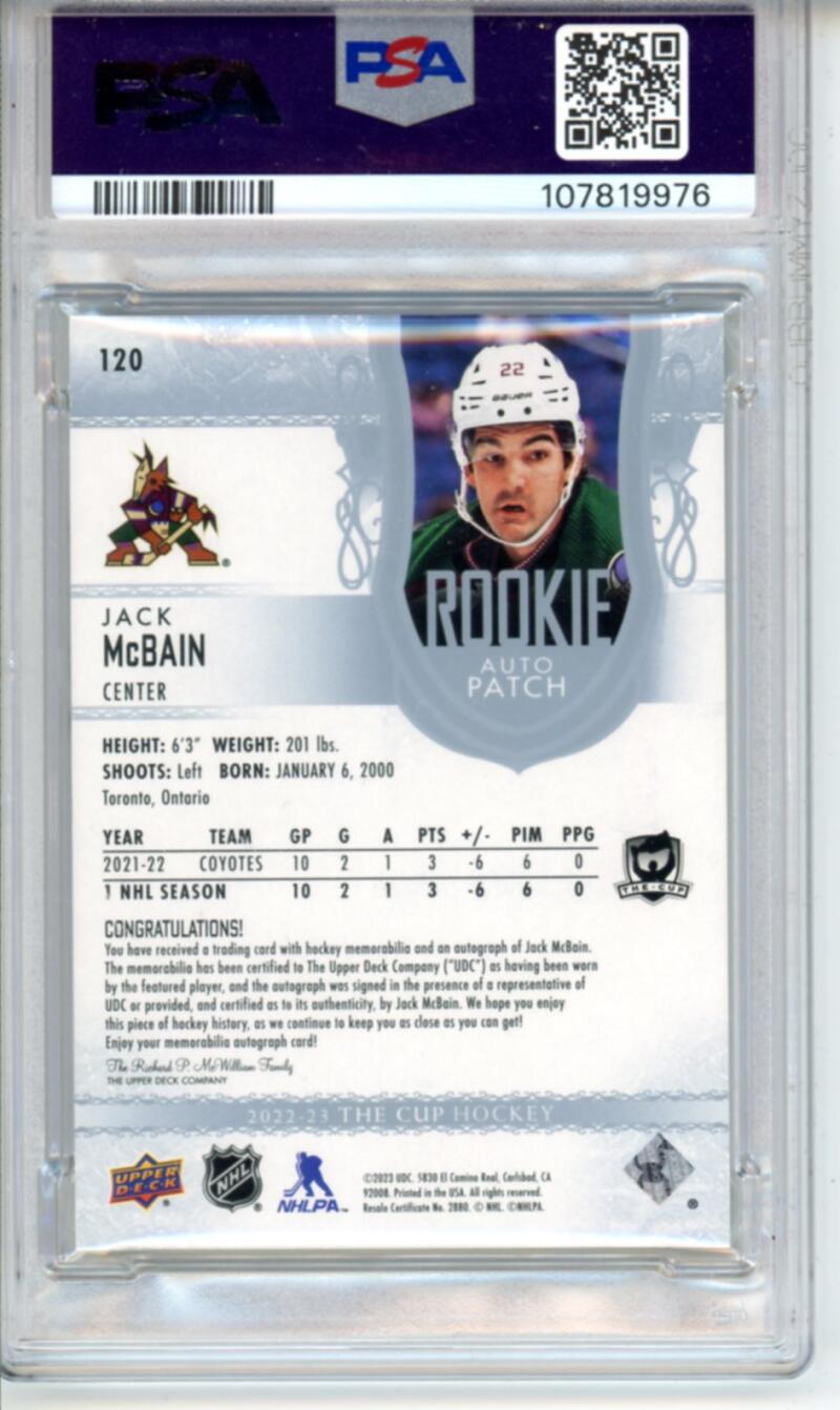 2022-23 The Cup #120 Jack McBain Patch Auto Rookie 133/249 RC Hockey PSA 8 Image 2