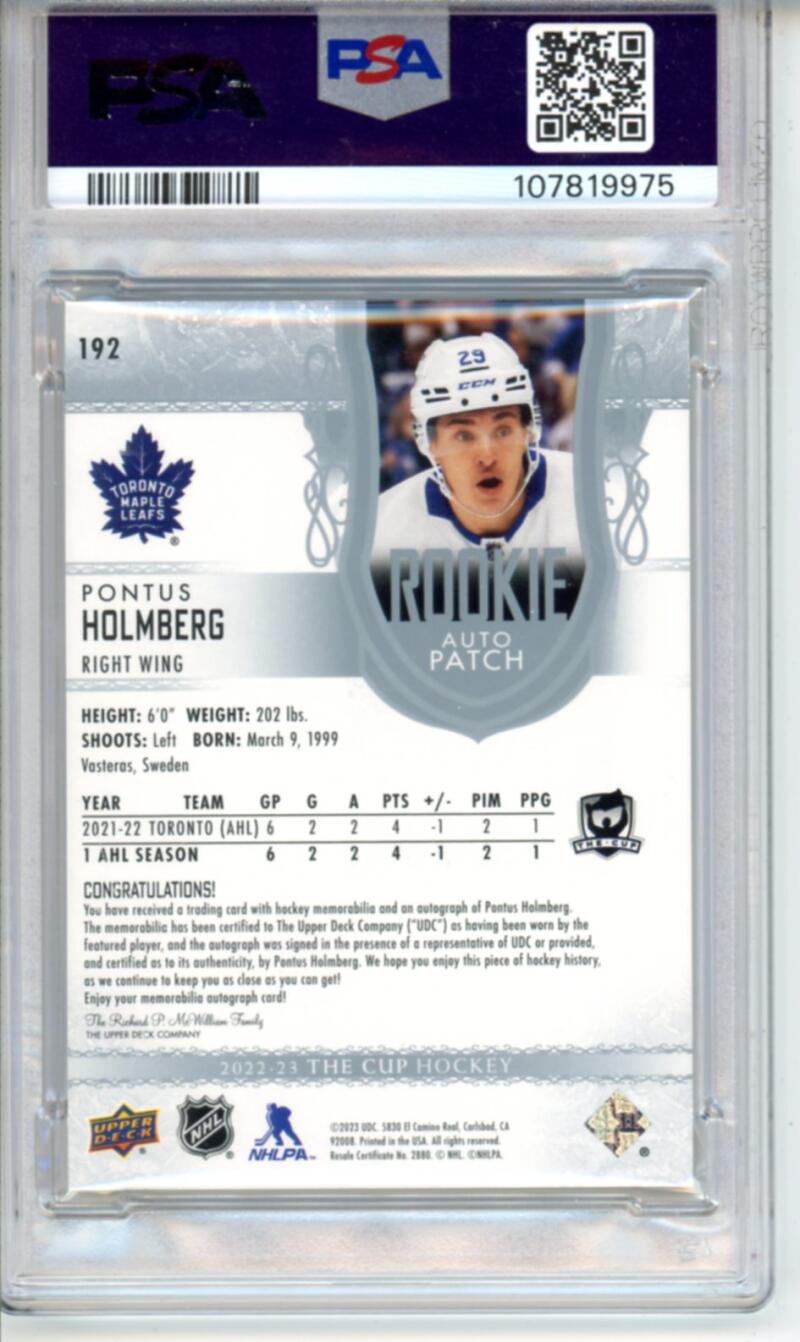 2022-23 The Cup #192 Pontus Holmberg Patch Auto Rookie 144/249 RC Hockey PSA 10 Image 2