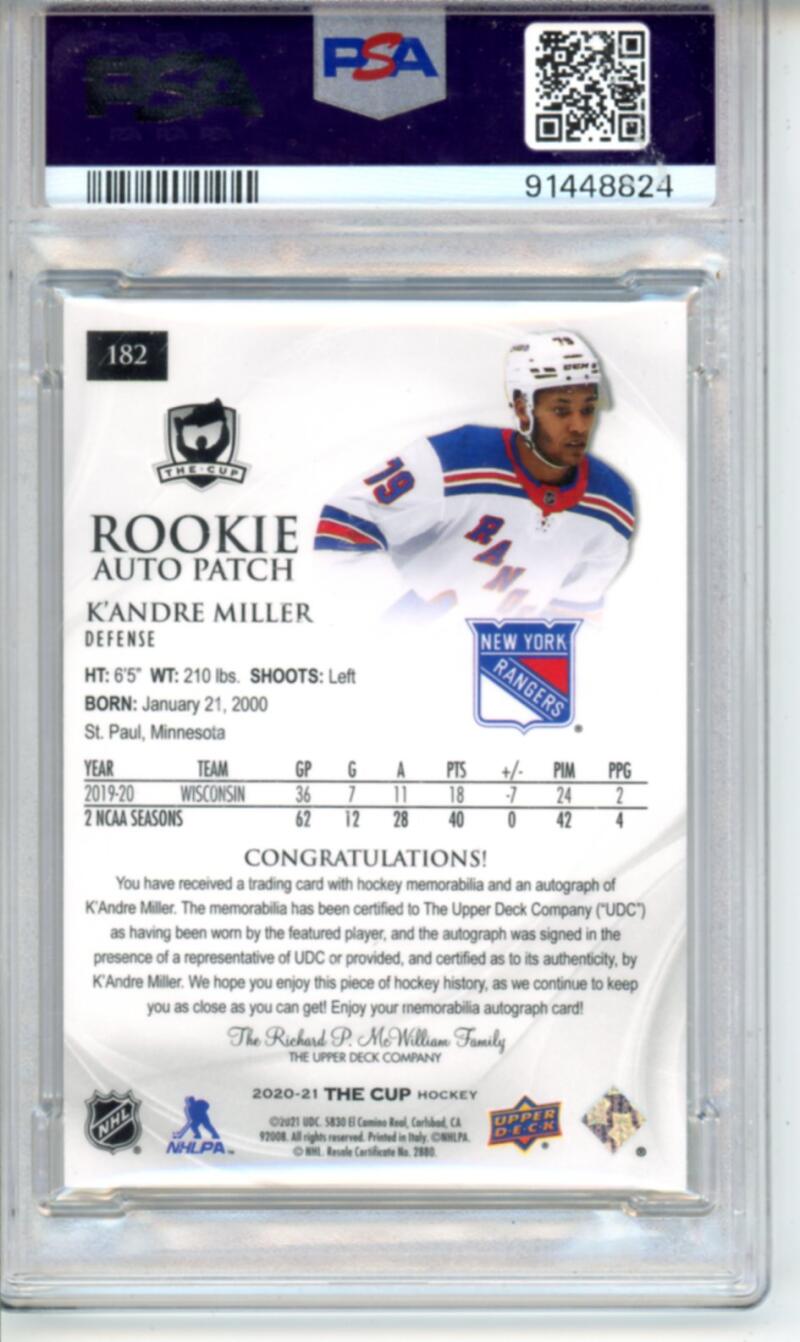 2020-21 The Cup #182 KâAndre Miller Patch Auto Rookie 53/249 RC Hockey PSA 9 Image 2