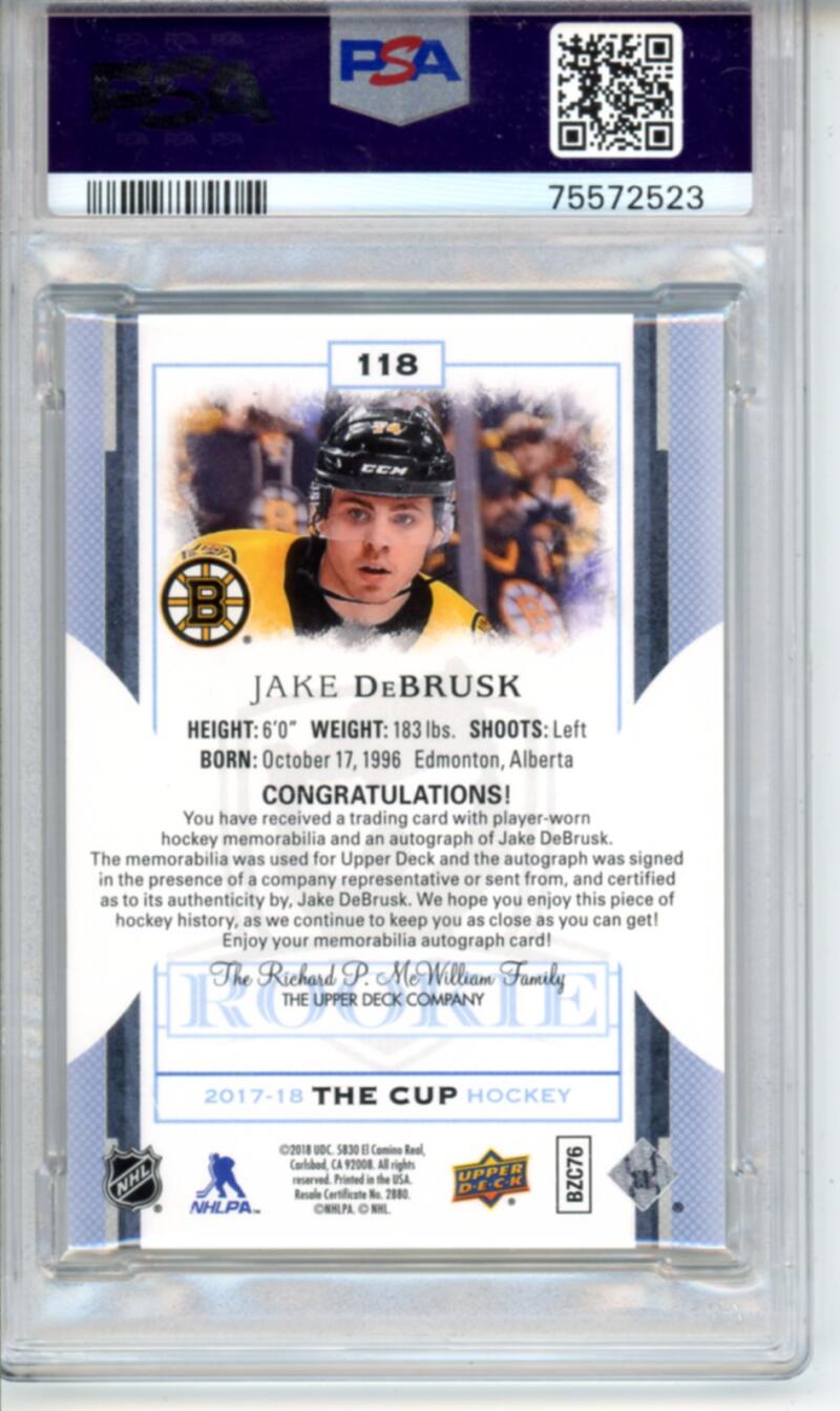 2017-18 The Cup Gold #118 Jake DeBrusk Patch Auto Rookie 7/24 RC Hockey PSA 8 Image 2