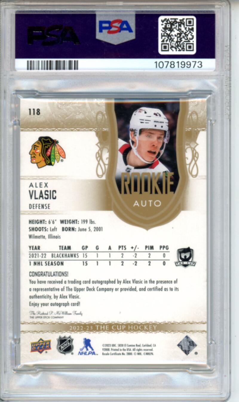 2022-23 The Cup Gold #118 Alex Vlasic Auto Rookie 25/36 RC Hockey PSA 9 Image 2