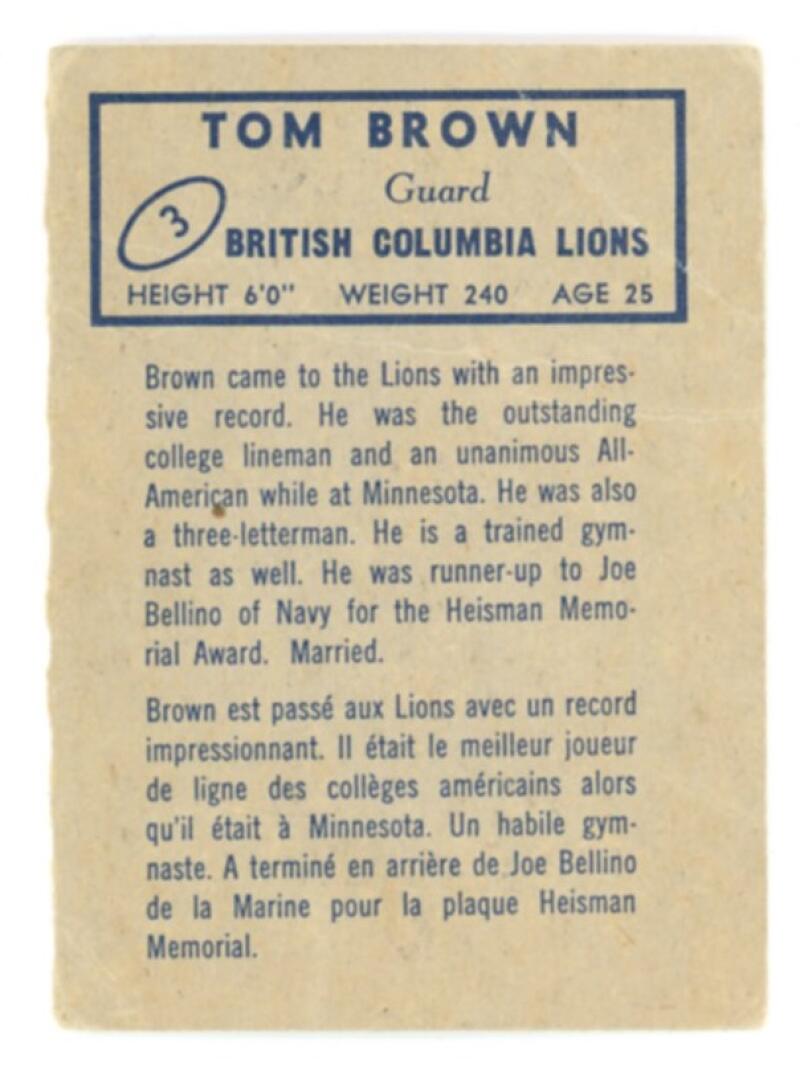 1962 Topps CFL #3 Tom Brown Football Trading Card V103084 Image 2