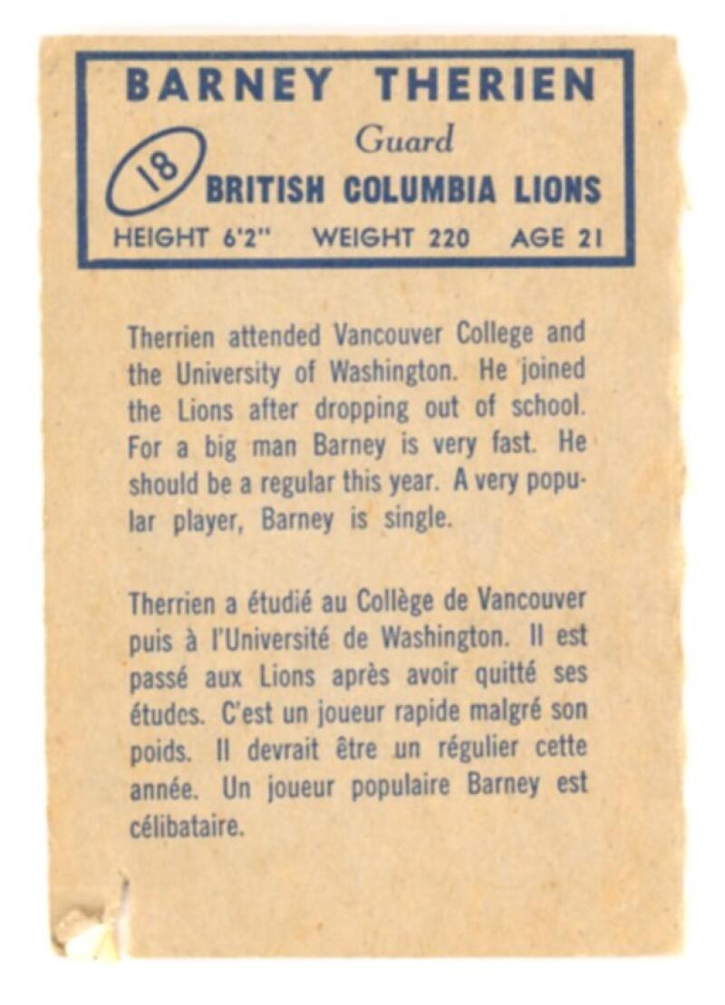 1962 Topps CFL #18 Barney Therrien UER Football Trading Card V103085 Image 2