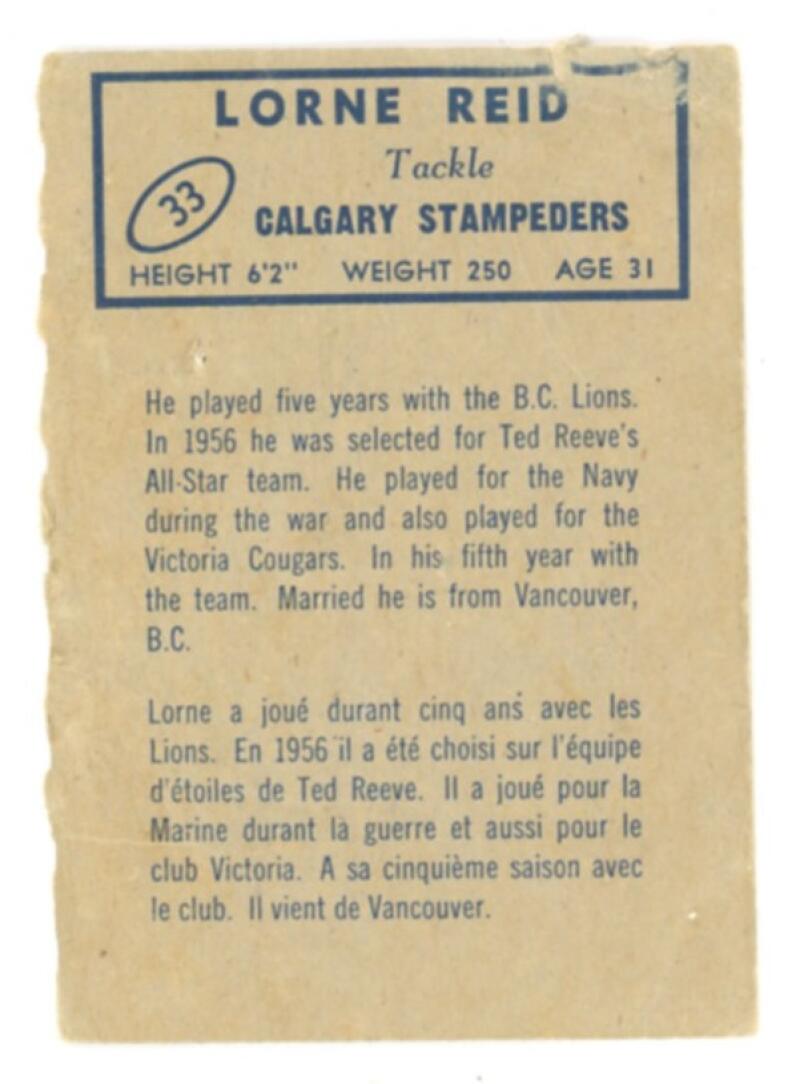1962 Topps CFL #33 Lorne Reid Football Trading Card V103086 Image 2