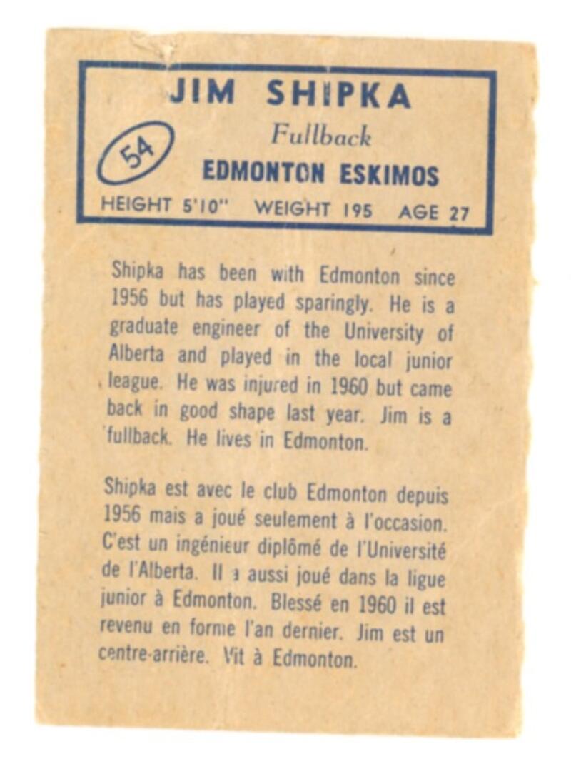 1962 Topps CFL #54 Jim Shipka Football Trading Card V103087 Image 2