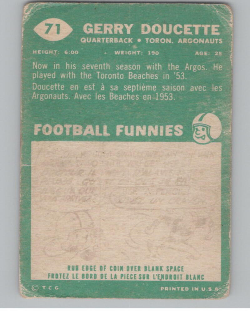 1960 Topps CFL #71 Gerry Doucette Football Trading Card V103089 Image 2