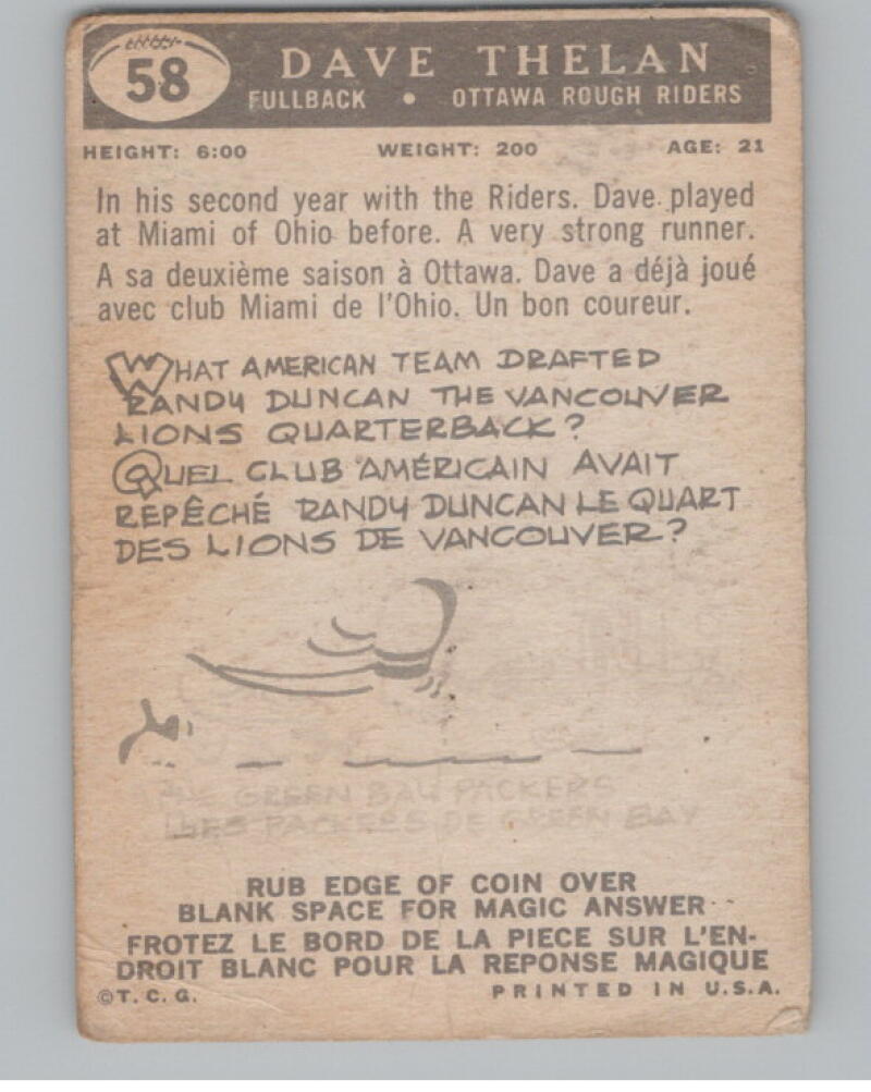 1959 Topps CFL #58 Dave Thelen Football Trading Card V103097 Image 2