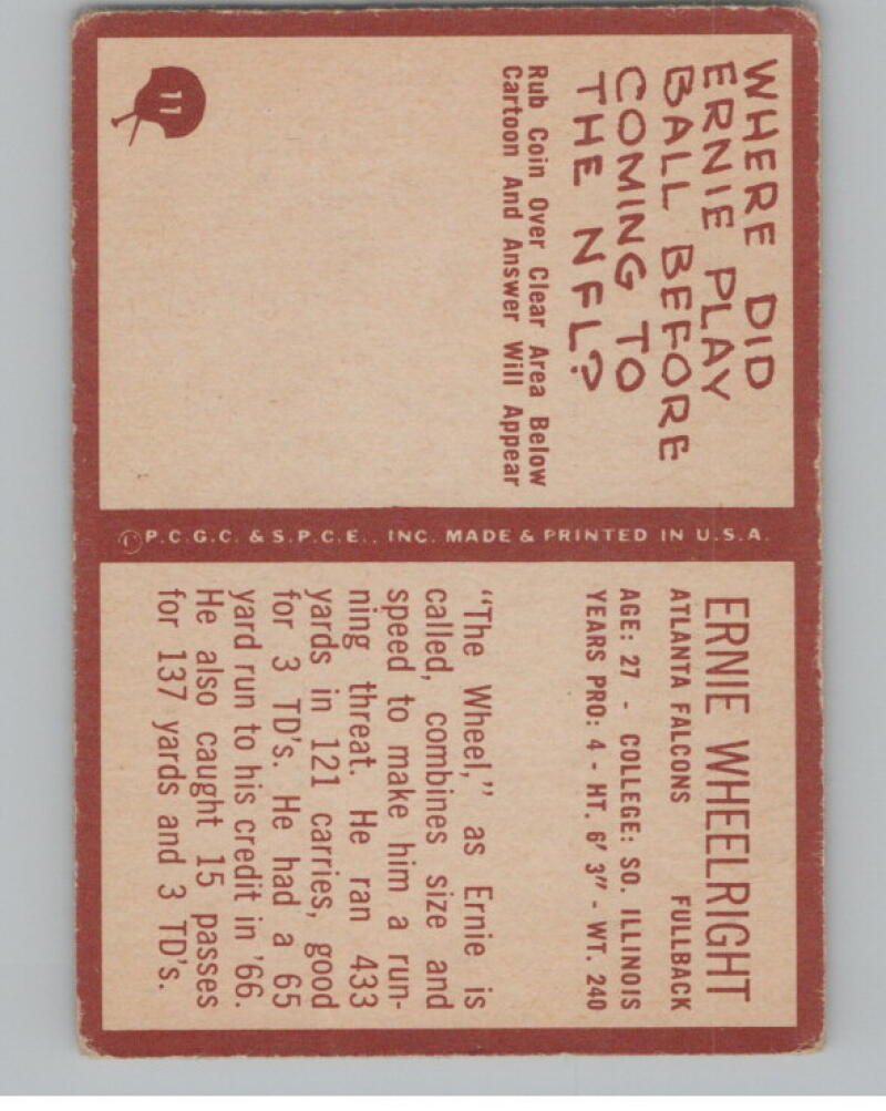 1967 Philadelphia #11 Ernie Wheelwright UER Football Trading Card V103099 Image 2