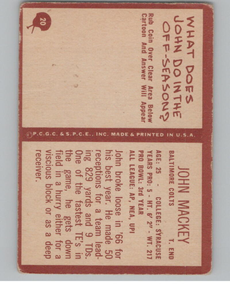 1967 Philadelphia #20 John Mackey Football Trading Card V103100 Image 2