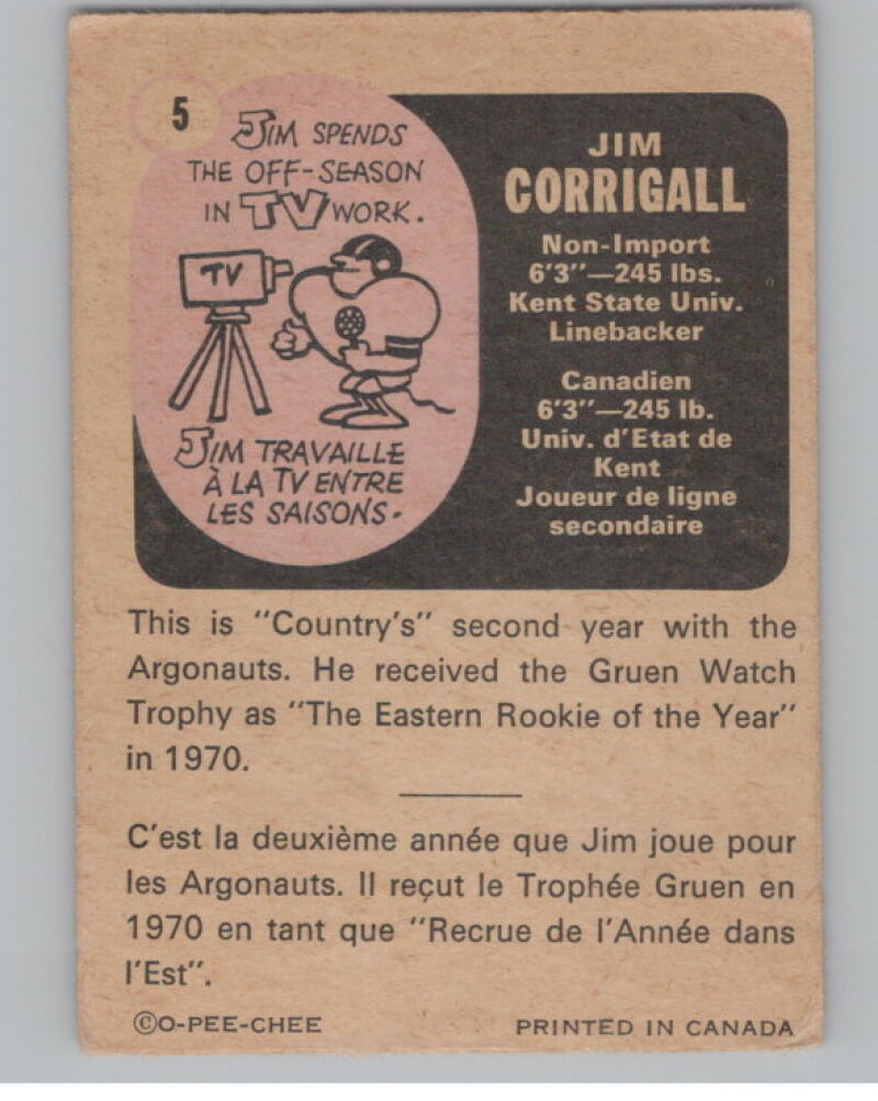 1971 O-Pee-Chee CFL #5 Jim Corrigall Football Trading Card V103103 Image 2