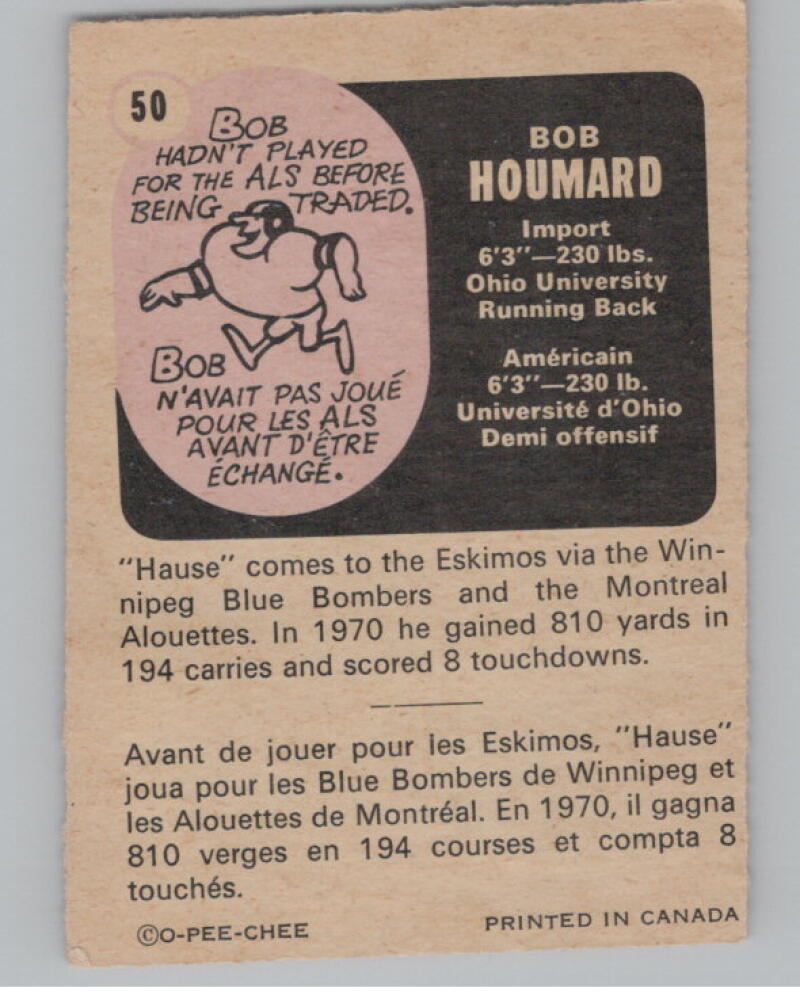 1971 O-Pee-Chee CFL #50 Bob Houmard Football Trading Card V103104 Image 2