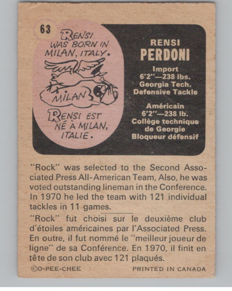 1971 O-Pee-Chee CFL #63 Rensi Perdoni Football Trading Card V103105 Image 2