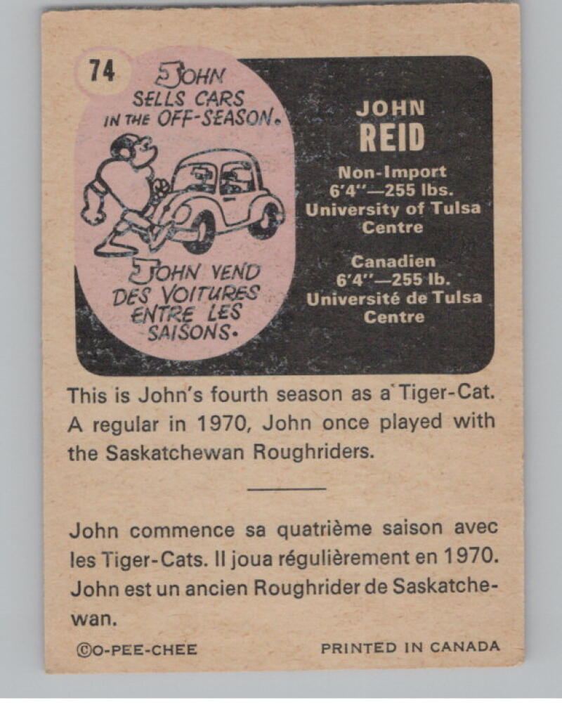1971 O-Pee-Chee CFL #74 John Reid Football Trading Card V103106 Image 2