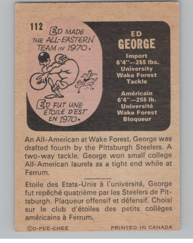 1971 O-Pee-Chee CFL #112 Ed George Football Trading Card V103107 Image 2