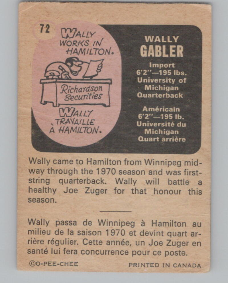 1971 O-Pee-Chee CFL #72 Wally Gabler Football Trading Card V103109 Image 2