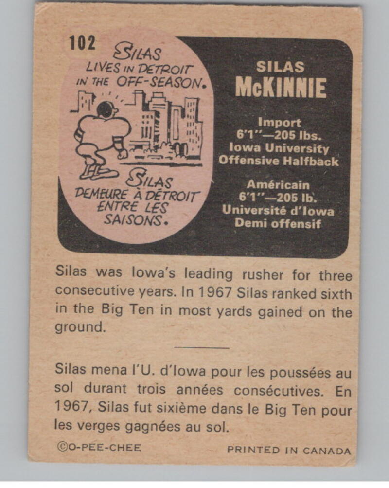1971 O-Pee-Chee CFL #102 Silas McKinnie Football Trading Card V103110 Image 2