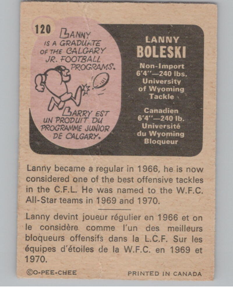 1971 O-Pee-Chee CFL #120 Lanny Boleski Football Trading Card V103112 Image 2