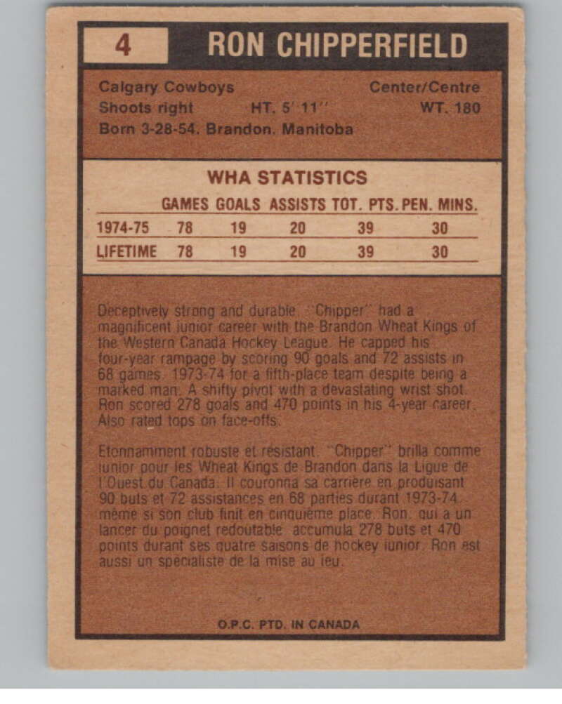 1975-76 O-Pee-Chee WHA #4 Ron Chipperfield Calgary Cowboys V103140 Image 2